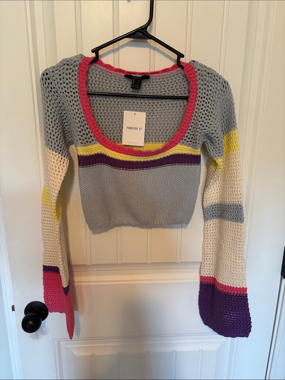 Forever 21 blue Cropped Scoop-Neck Sweater with Pink, Yellow & Purple Stripes